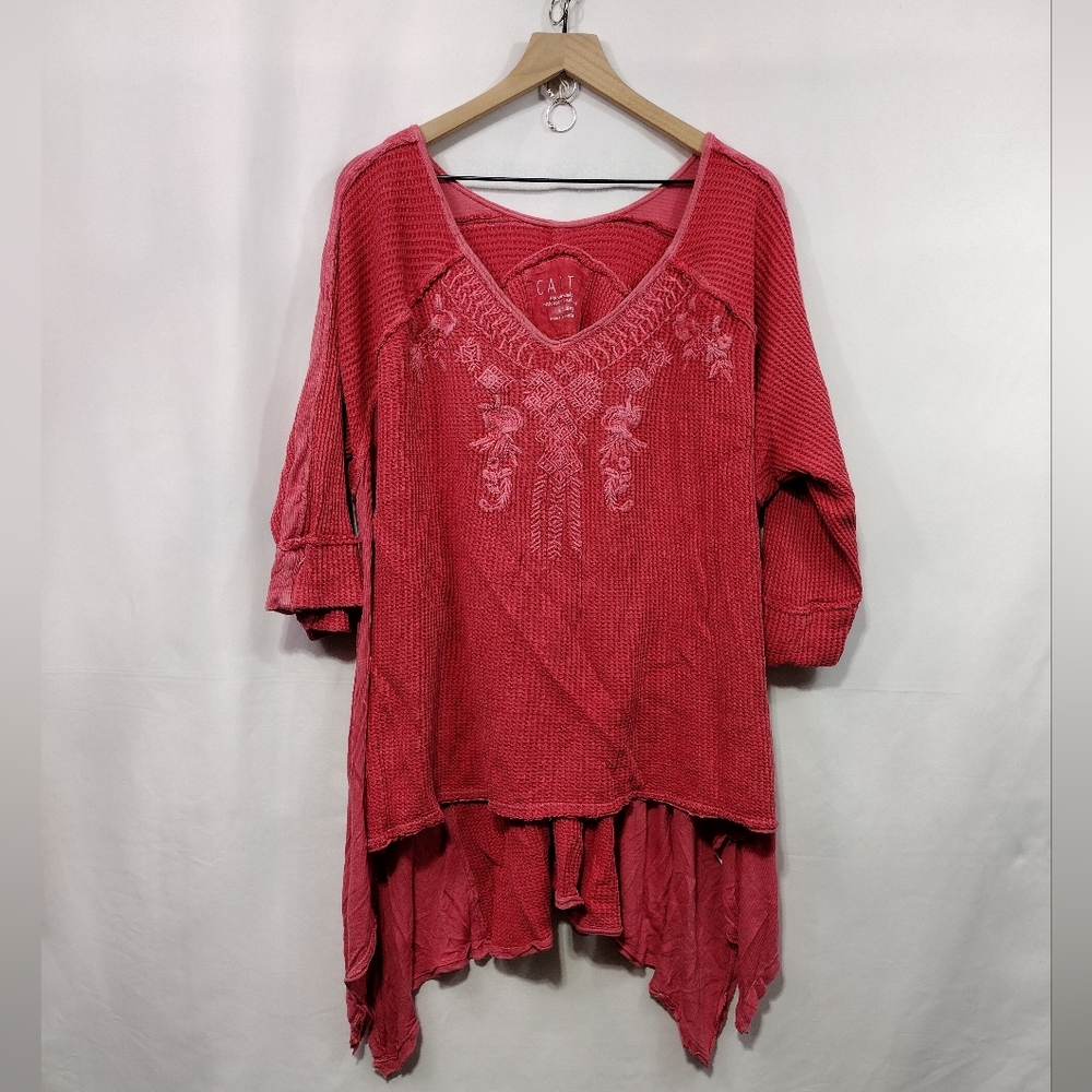 Caite By Athleta Embroidered Floral Blouse Womens XXL Red Boho Retro Holiday